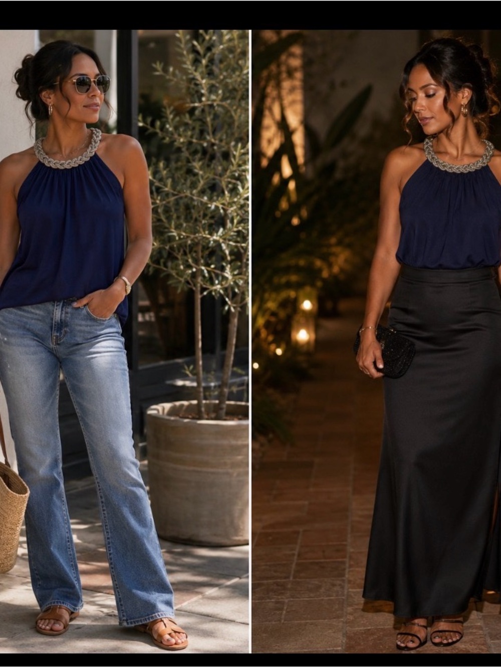 Cable & Gauge Navy Halter Camisole with Braided Silver Necklace Detail